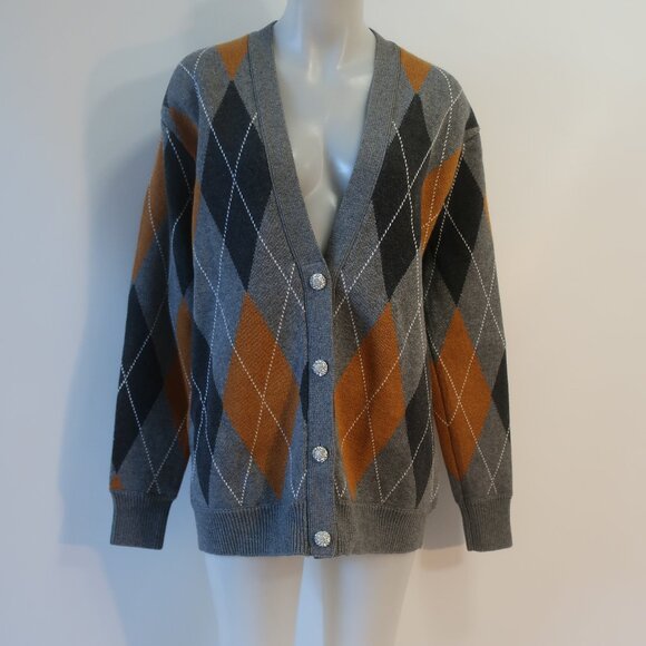 Ronny Kobo Abarne Gray Brown Merino Wool Cotton Argyle Button Cardigan Sweater S - Picture 4 of 15